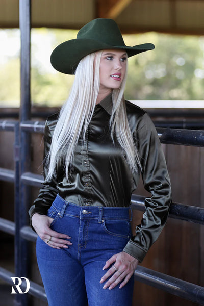 New! OLIVE SATIN PERFORMANCE RODEO SHIRT