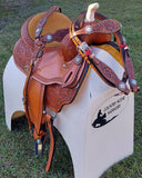 CSSB07 Chestnut Floral Tooled Barrel Saddle - Country Scene Saddlery and Pet Supplies