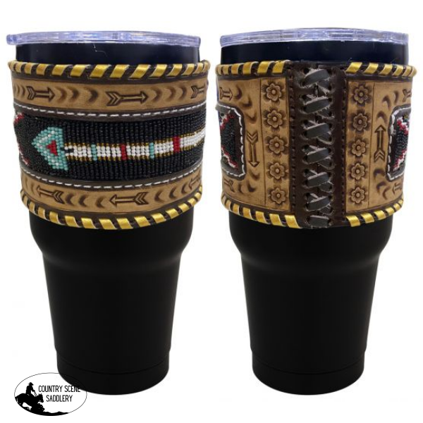 30 Oz Insulated Black Tumbler With Argentina Cow Leather Beaded Arrow Sleeve. Mugs/Cups/Tumblers