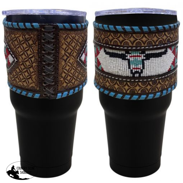 30 Oz Insulated Black Tumbler With Argentina Cow Leather Beaded On Sleeve. Mugs/Cups/Tumblers