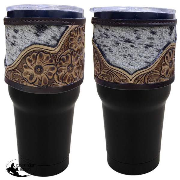 30 Oz Insulated Black Tumbler With Argentina Cow Leather Giftware