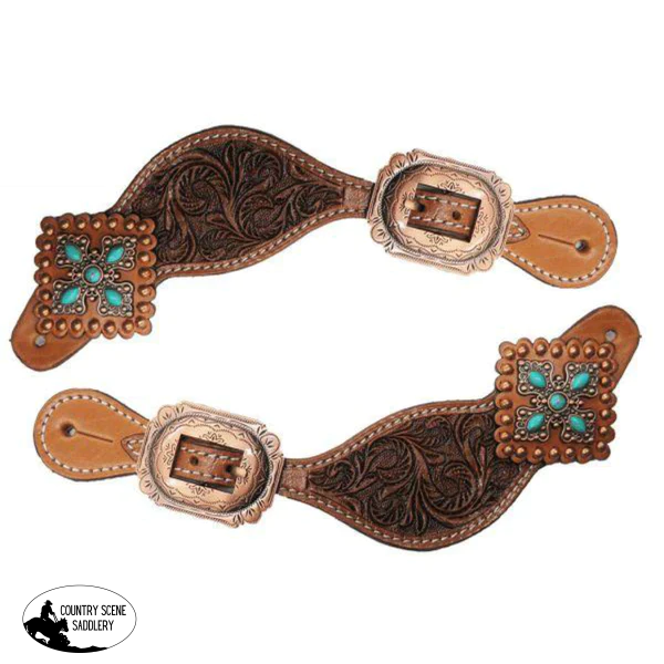 30848 - Tooled Leather Spur Straps With Vintage Turquoise Stone Conchos Nylon/Synthetic Headstalls