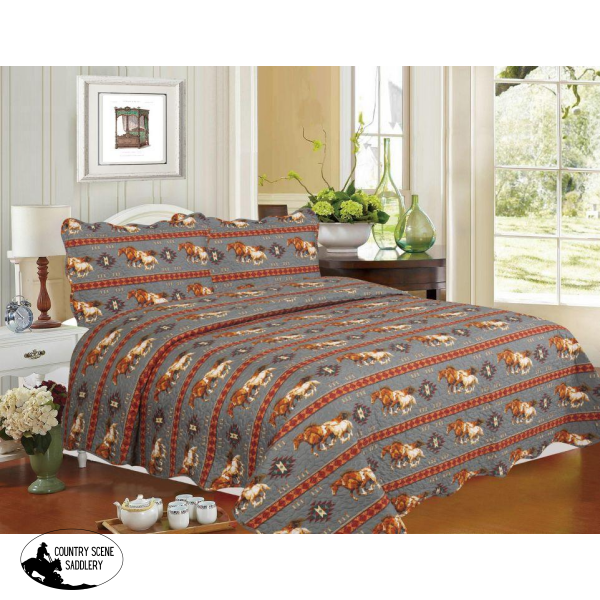 New! 3Pc King Size Quilted Gray Running Horse Quilt Set.