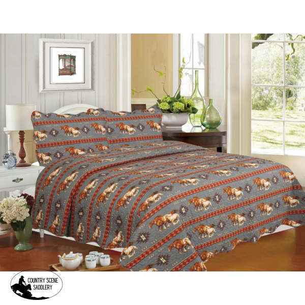 3Pc Queen Size Quilted Gray Running Horse Quilt Set. Gift Items » Bedding Blankets And Pillows