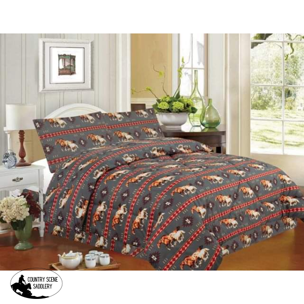 4 Piece King Size Gray Running Horse Luxury Comforter Set.