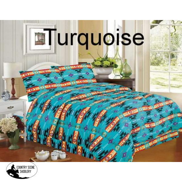 4 Piece Queen Size Southwest Design Luxury Comforter Set. Turquoise