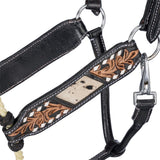New! Western Leather Horse Halter with Buckstitch & Hair-On Inlay – Dark Oil | Country Scene Saddlery