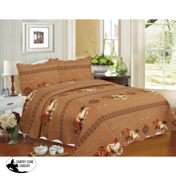 47436 3Pc Queen Size Quilted Tan Running Horse Quilt Set.