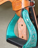 CSS Turquoise Engraved Stirrup Irons. - Country Scene Saddlery and Pet Supplies