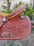 CSSB07 Chestnut Floral Tooled Barrel Saddle - Country Scene Saddlery and Pet Supplies