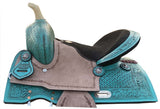 13" Double T Teal Pony/Youth saddle with rough out accents. - Country Scene Saddlery and Pet Supplies