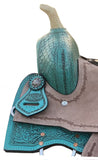 13" Double T Teal Pony/Youth saddle with rough out accents. - Country Scene Saddlery and Pet Supplies