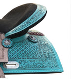 13" Double T Teal Pony/Youth saddle with rough out accents. - Country Scene Saddlery and Pet Supplies