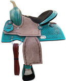 13" Double T Teal Pony/Youth saddle with rough out accents. - Country Scene Saddlery and Pet Supplies