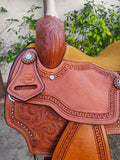 CSSB07 Chestnut Floral Tooled Barrel Saddle - Country Scene Saddlery and Pet Supplies