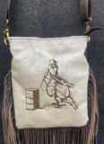 Klassy Cowgirl Leather Crossbody Bag with hair on cowhide w/ barrel racer brand. - Country Scene Saddlery and Pet Supplies