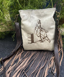 Klassy Cowgirl Leather Crossbody Bag with hair on cowhide w/ barrel racer brand. - Country Scene Saddlery and Pet Supplies