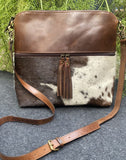 Klassy Cowgirl Leather Crossbody Bag with hair on cowhide accents. - Country Scene Saddlery and Pet Supplies