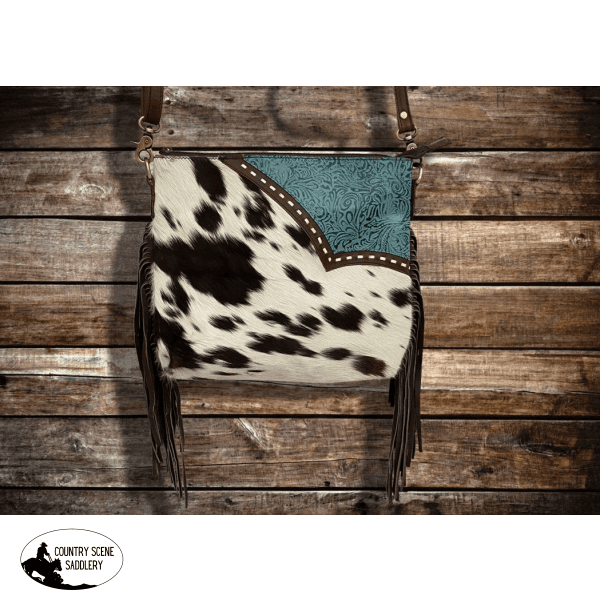 78123 Klassy Cowgirl Genuine Hair-On Cowhide Leather Fringe Tooled Crossbody Bag Backpack
