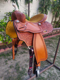 CSSB07 Chestnut Floral Tooled Barrel Saddle - Country Scene Saddlery and Pet Supplies