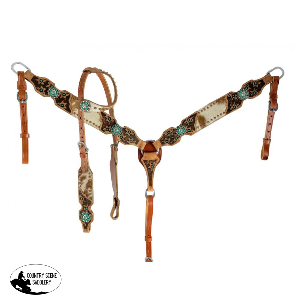 8079 Showman ® Hair On Cowhide One Ear Leather Headstall Western Tack Sets