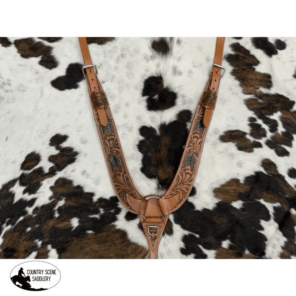 8204 Showman ® Floral Tooled Medium Leather Pulling Collar With Black Rawhide Lacing Tripping