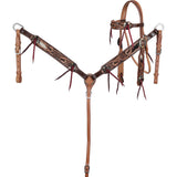 Showman cowhide browband headstall and breast collar set with hair-on hide and tooled leather western horse tack