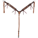 Showman cowhide browband headstall and breast collar set with hair-on hide and tooled leather western horse tack