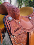 CSSB07 Chestnut Floral Tooled Barrel Saddle - Country Scene Saddlery and Pet Supplies
