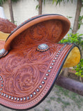 CSSB07 Chestnut Floral Tooled Barrel Saddle - Country Scene Saddlery and Pet Supplies