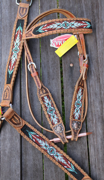 Showman ® Browband beaded Browband Headstall and Breast collar Set w/ rawhide leather accents.