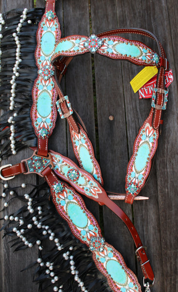 New! Showman ® Antique inspired print overlay headstall, breast collar and wither strap set with pearl fringe.