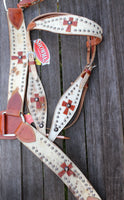 NEW! Leather double stitched wide browband headstall, reins and breastcollar set with  hair on cowhide inlay.