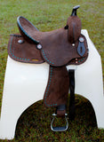 New! 14", 15" Double T Barrel style saddle with Oiled Rough out leather, Teal buckstitch accents and flower conchos. - Country Scene Saddlery and Pet Supplies
