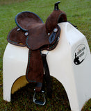 New! 14", 15" Double T Barrel style saddle with Oiled Rough out leather, Teal buckstitch accents and flower conchos. - Country Scene Saddlery and Pet Supplies