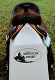 New! 14", 15" Double T Barrel style saddle with Oiled Rough out leather, Teal buckstitch accents and flower conchos. - Country Scene Saddlery and Pet Supplies