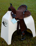 New! 14", 15" Double T Barrel style saddle with Oiled Rough out leather, Teal buckstitch accents and flower conchos. - Country Scene Saddlery and Pet Supplies