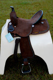 New! 14", 15" Double T Barrel style saddle with Oiled Rough out leather, Teal buckstitch accents and flower conchos. - Country Scene Saddlery and Pet Supplies