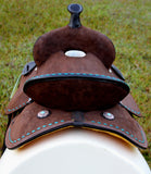 New! 14", 15" Double T Barrel style saddle with Oiled Rough out leather, Teal buckstitch accents and flower conchos. - Country Scene Saddlery and Pet Supplies