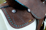 New! 14", 15" Double T Barrel style saddle with Oiled Rough out leather, Teal buckstitch accents and flower conchos. - Country Scene Saddlery and Pet Supplies