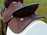 New! 14", 15" Double T Barrel style saddle with Oiled Rough out leather, Teal buckstitch accents and flower conchos. - Country Scene Saddlery and Pet Supplies