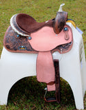 14", 15", 16" Double T barrel saddle with silver laced tan rawhide cantle, dot border on rough out fenders and jockeys. - Country Scene Saddlery and Pet Supplies