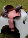 14", 15", 16" Double T barrel saddle with silver laced tan rawhide cantle, dot border on rough out fenders and jockeys. - Country Scene Saddlery and Pet Supplies