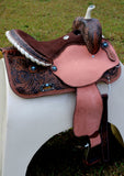 14", 15", 16" Double T barrel saddle with silver laced tan rawhide cantle, dot border on rough out fenders and jockeys. - Country Scene Saddlery and Pet Supplies