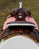 14", 15", 16" Double T barrel saddle with silver laced tan rawhide cantle, dot border on rough out fenders and jockeys. - Country Scene Saddlery and Pet Supplies