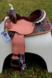 14", 15", 16" Double T barrel saddle with silver laced tan rawhide cantle, dot border on rough out fenders and jockeys. - Country Scene Saddlery and Pet Supplies
