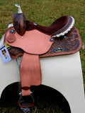14", 15", 16" Double T barrel saddle with silver laced tan rawhide cantle, dot border on rough out fenders and jockeys. - Country Scene Saddlery and Pet Supplies