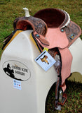 14", 15", 16" Double T barrel saddle with silver laced tan rawhide cantle, dot border on rough out fenders and jockeys. - Country Scene Saddlery and Pet Supplies