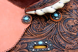 14", 15", 16" Double T barrel saddle with silver laced tan rawhide cantle, dot border on rough out fenders and jockeys. - Country Scene Saddlery and Pet Supplies