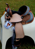 14", 15" Double T barrel style saddle with oak leaf tooled design. - Country Scene Saddlery and Pet Supplies